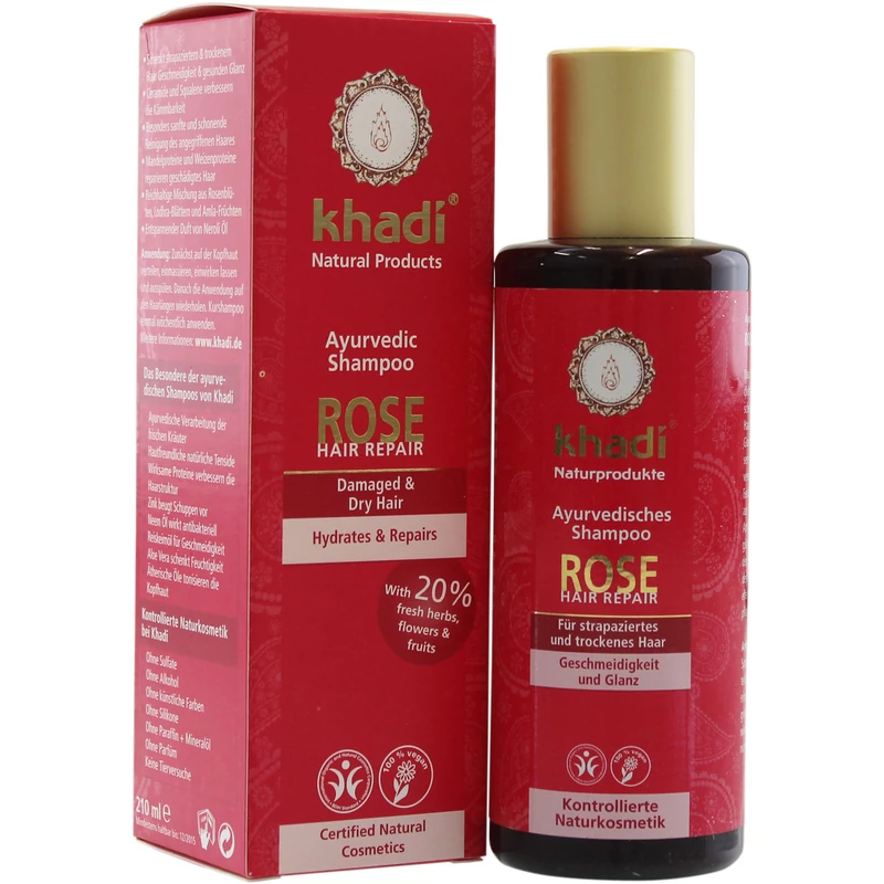 Khadi Ayurvédikus bio sampon - rózsa (sérült, töredezett hajra) (210 ml)